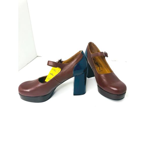 Fly London ERIL Platform Pumps Cognac & Navy Leather Retro 70s Chunky Heel 38 - Picture 11 of 11